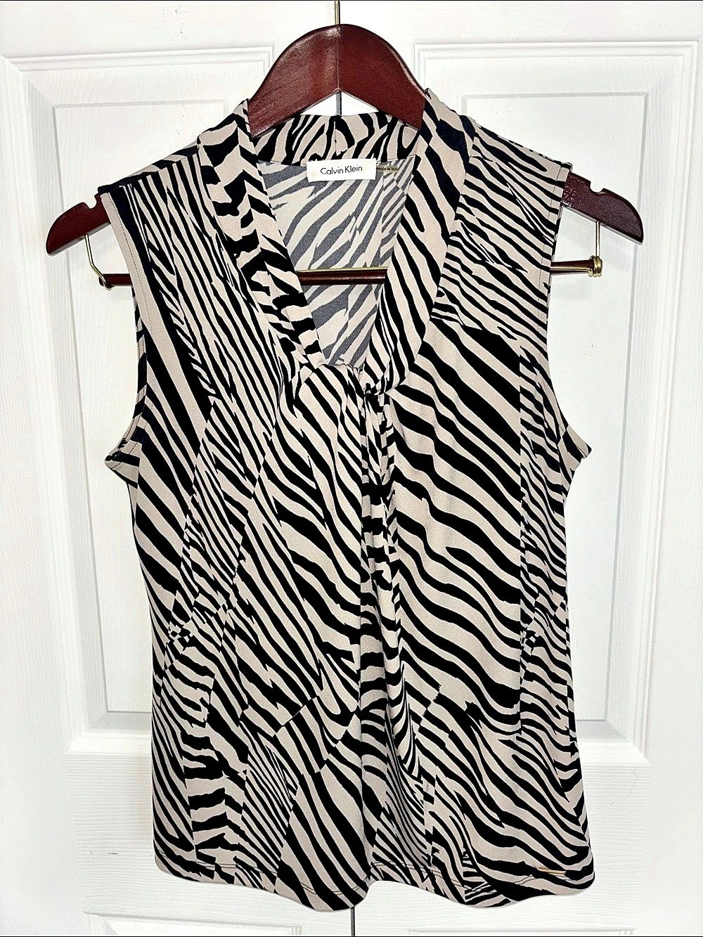 Calvin Klein Zebra Print Sleeveless Blouse in Black & Cream